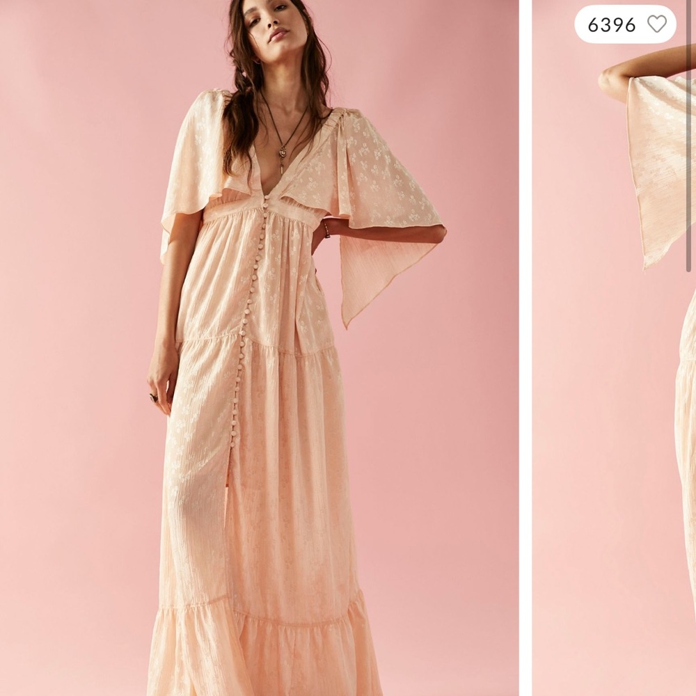 RARE** Free People Pink Maxi Dress with Flutter Sleeves and V-Neck